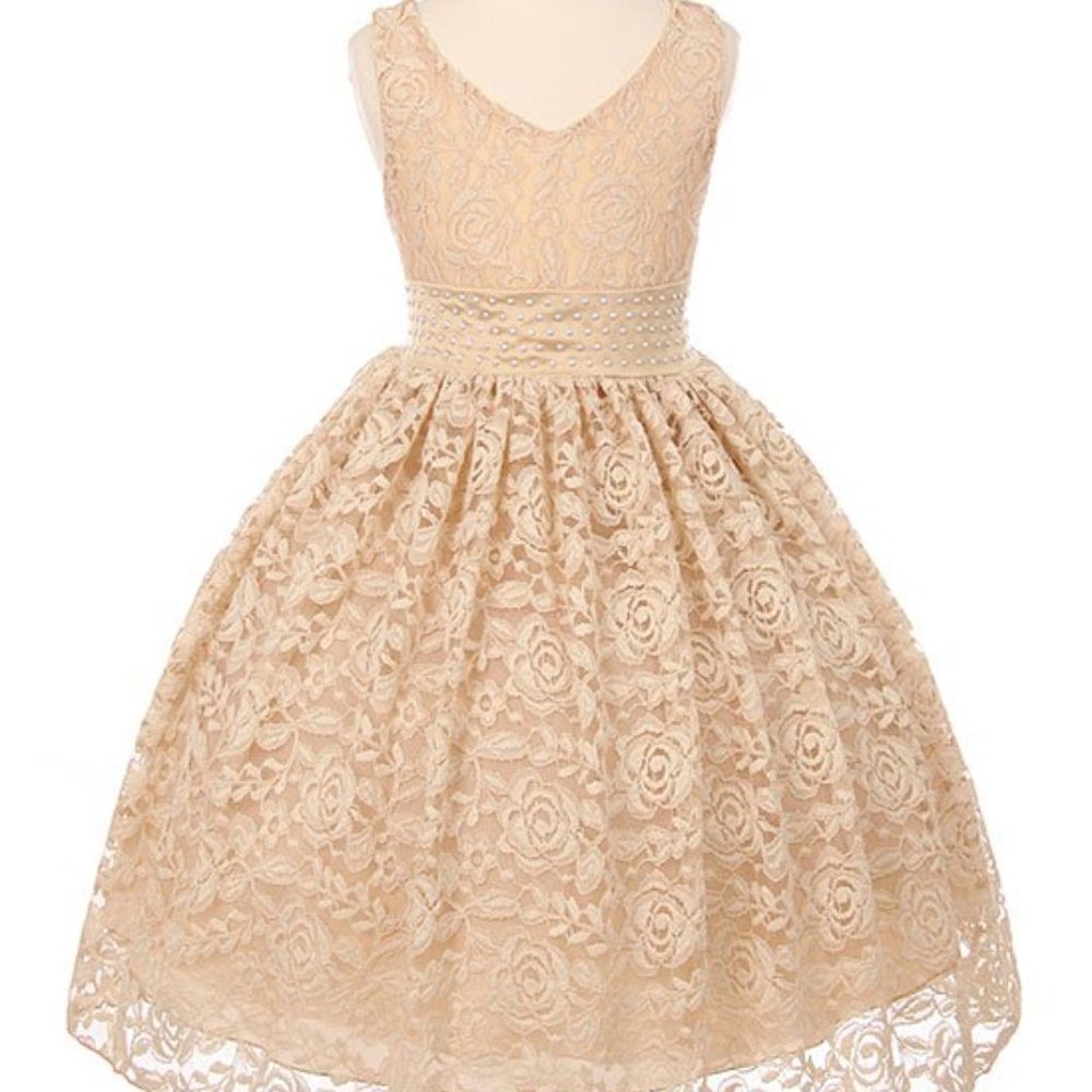 NWT Champagne floral lace, rhinestone waist, dress